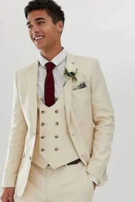 Men Beach Wedding Suit Beige There Piece Suit Slim Fit Suit Dinner Suit Formal Groomsmen Suits Bespoke Tailoring