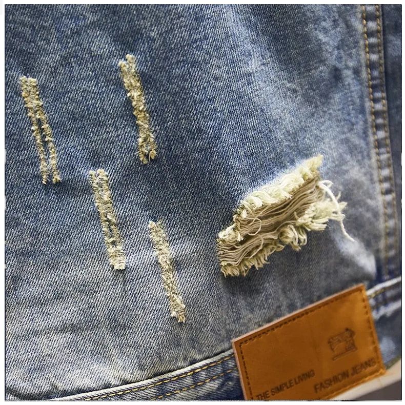 Men's Classic Retro Washed Distressed Hole Ripped Denim Jacket