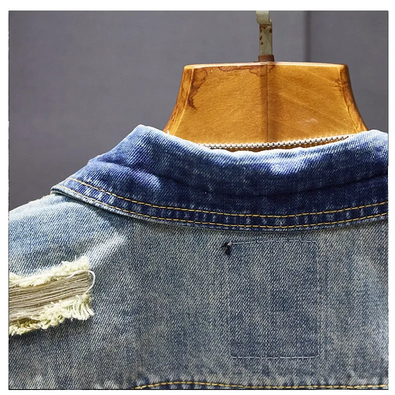Men's Classic Retro Washed Distressed Hole Ripped Denim Jacket