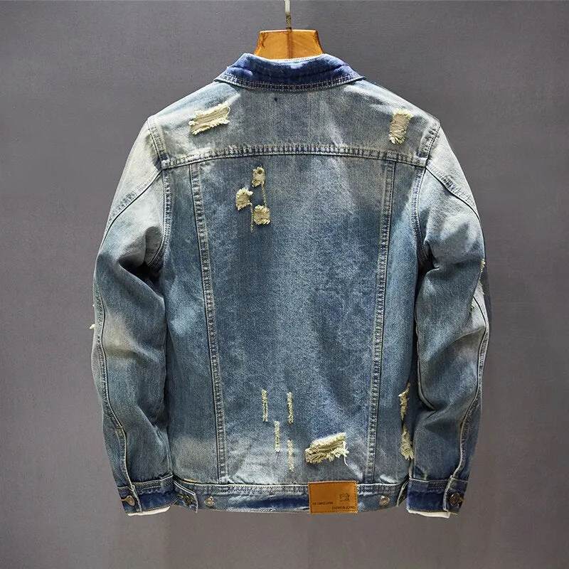 Men's Classic Retro Washed Distressed Hole Ripped Denim Jacket
