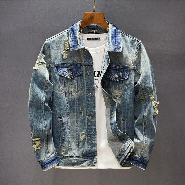 Men's Classic Retro Washed Distressed Hole Ripped Denim Jacket