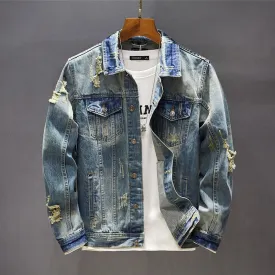 Men's Classic Retro Washed Distressed Hole Ripped Denim Jacket