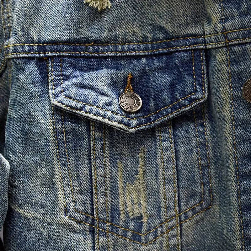 Men's Classic Retro Washed Distressed Hole Ripped Denim Jacket