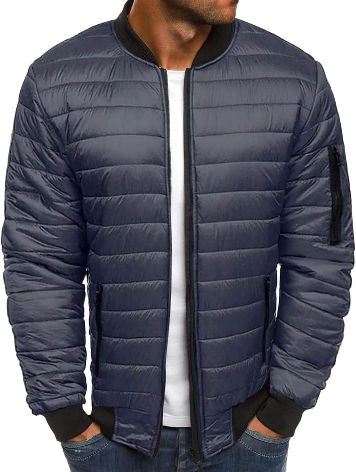 Mens Diamond Quilted Bomber Jacket Lightweight Flight Fall Winter Rib Varsity Jackets Coat Warm Padded Coats for Men