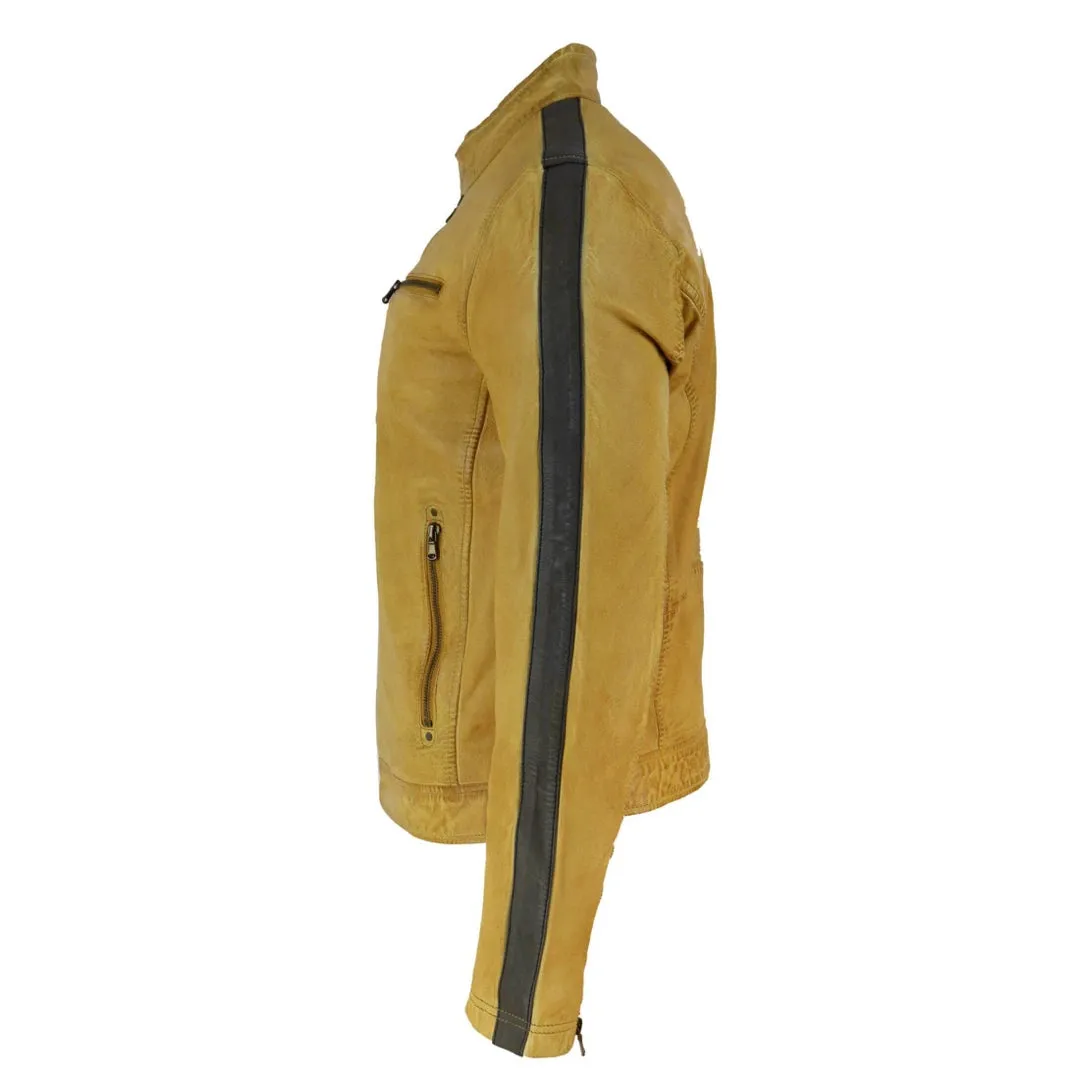 Men's Leather Biker Racing Jacket Stripes Zip Grey Yellow Short