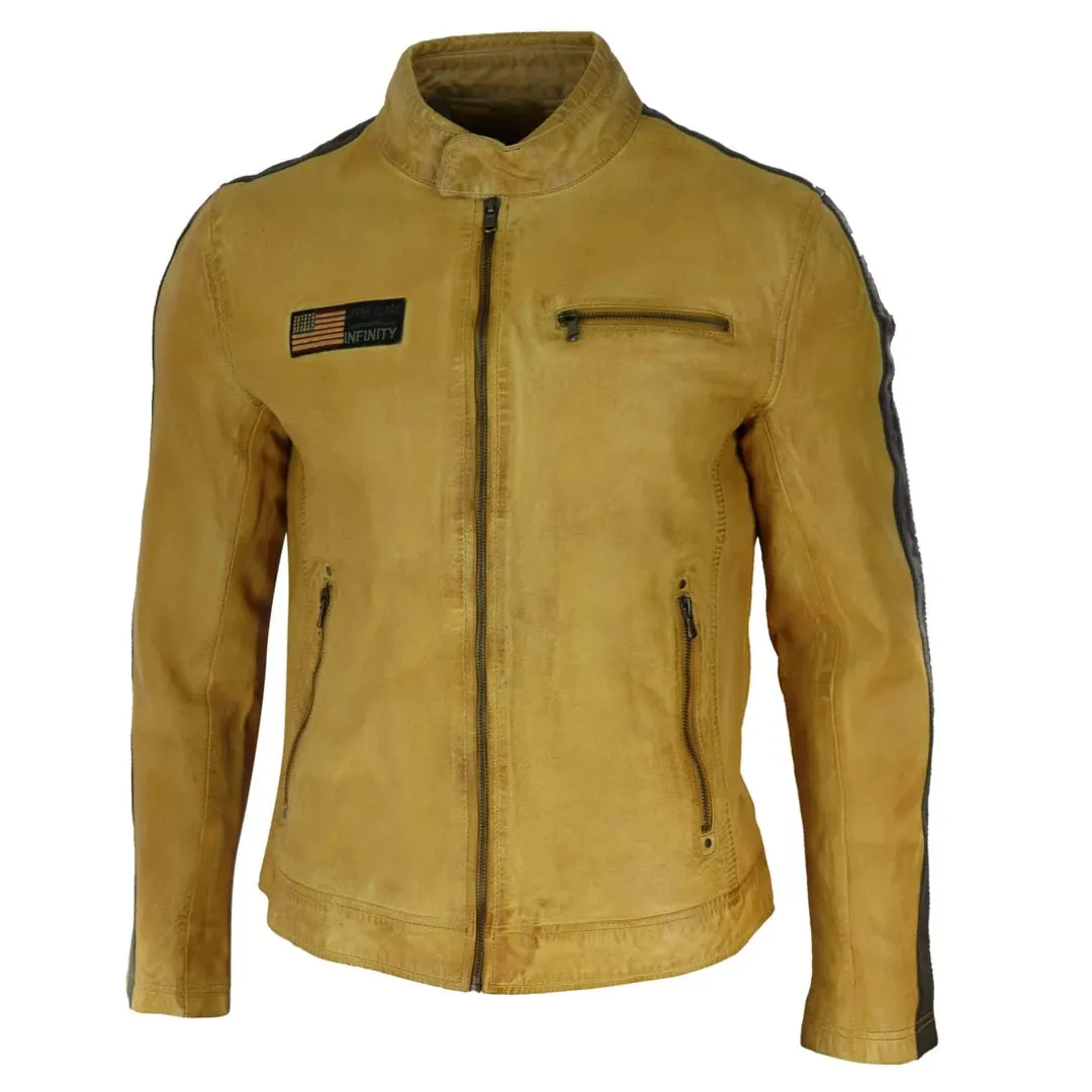 Men's Leather Biker Racing Jacket Stripes Zip Grey Yellow Short