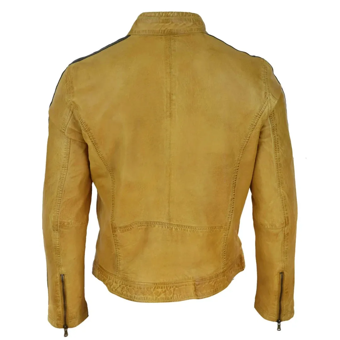 Men's Leather Biker Racing Jacket Stripes Zip Grey Yellow Short
