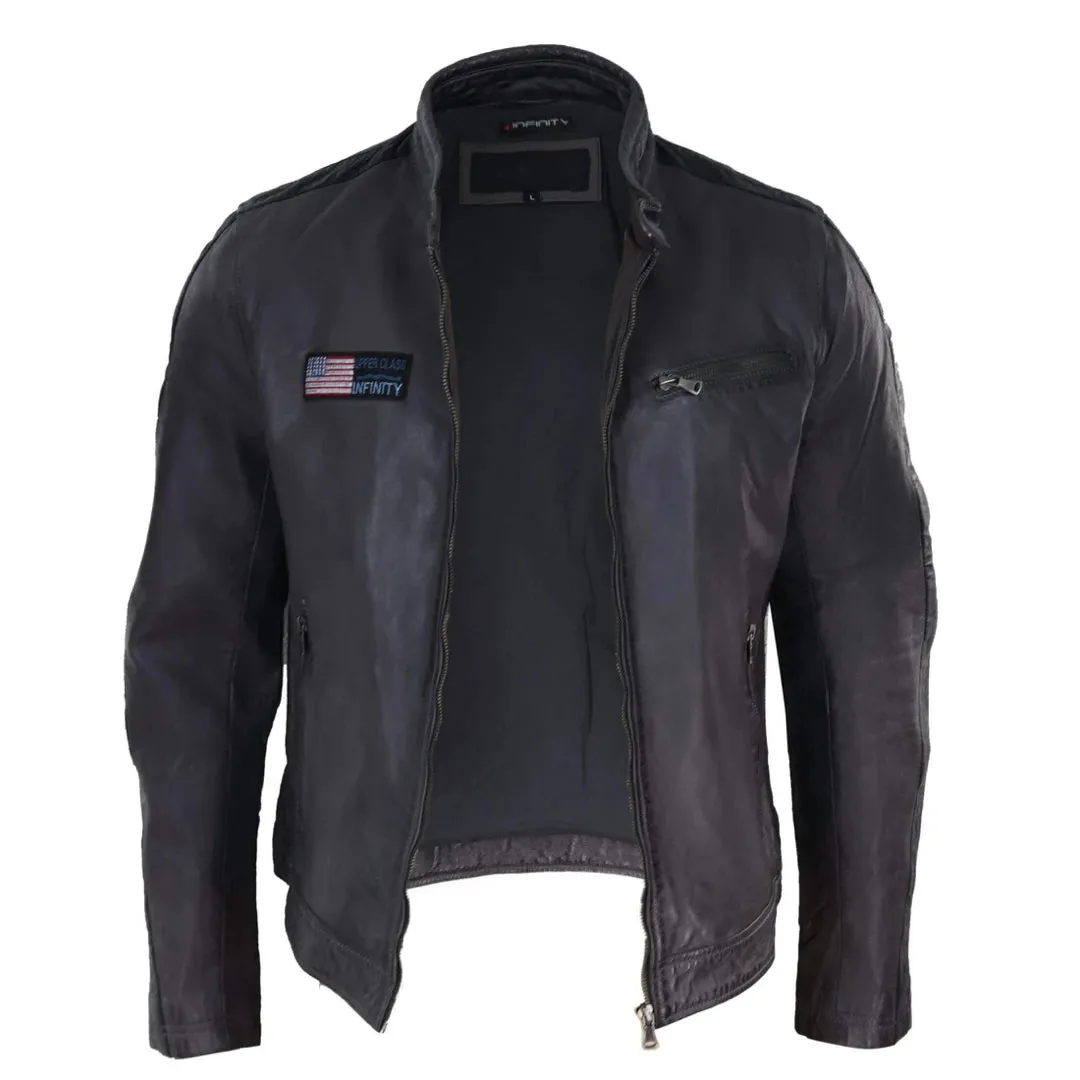 Men's Leather Biker Racing Jacket Stripes Zip Grey Yellow Short