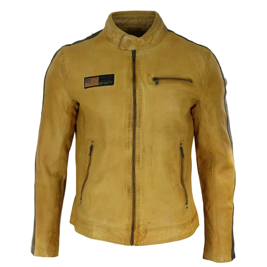 Men's Leather Biker Racing Jacket Stripes Zip Grey Yellow Short