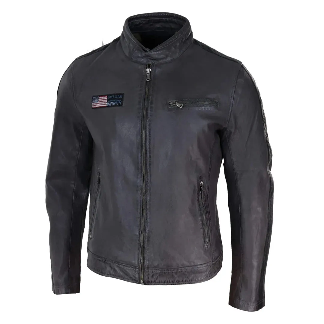 Men's Leather Biker Racing Jacket Stripes Zip Grey Yellow Short