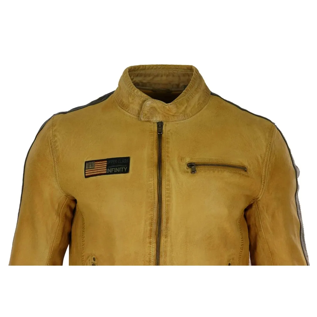 Men's Leather Biker Racing Jacket Stripes Zip Grey Yellow Short