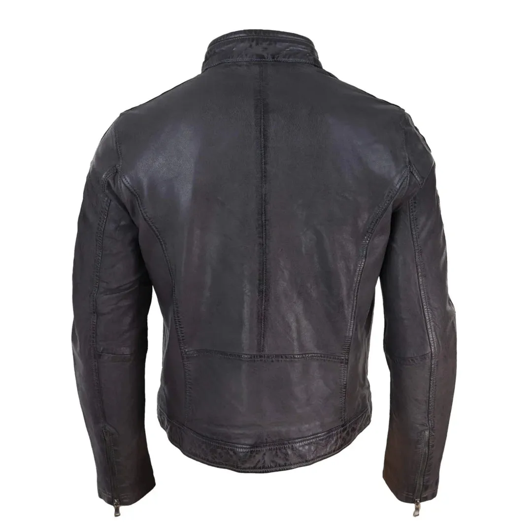 Men's Leather Biker Racing Jacket Stripes Zip Grey Yellow Short