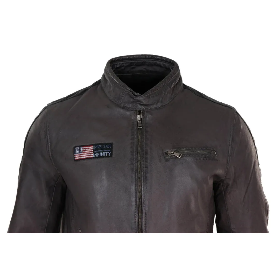 Men's Leather Biker Racing Jacket Stripes Zip Grey Yellow Short
