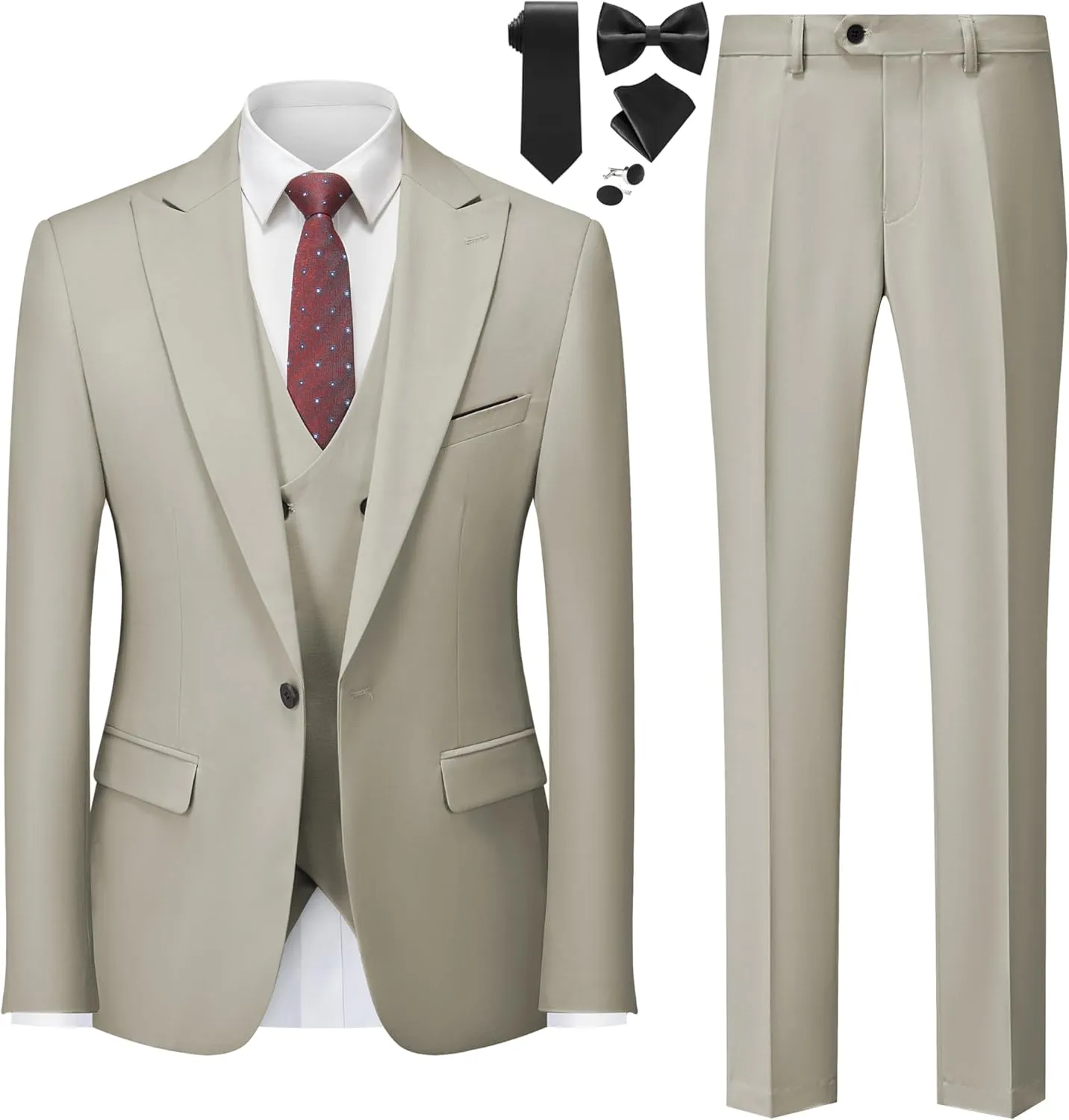 MOGU Mens 3 Piece Suit Slim Fit Tuxedo for Homecoming Wedding Prom Blazer Jacket Vest Pants with Tie Set