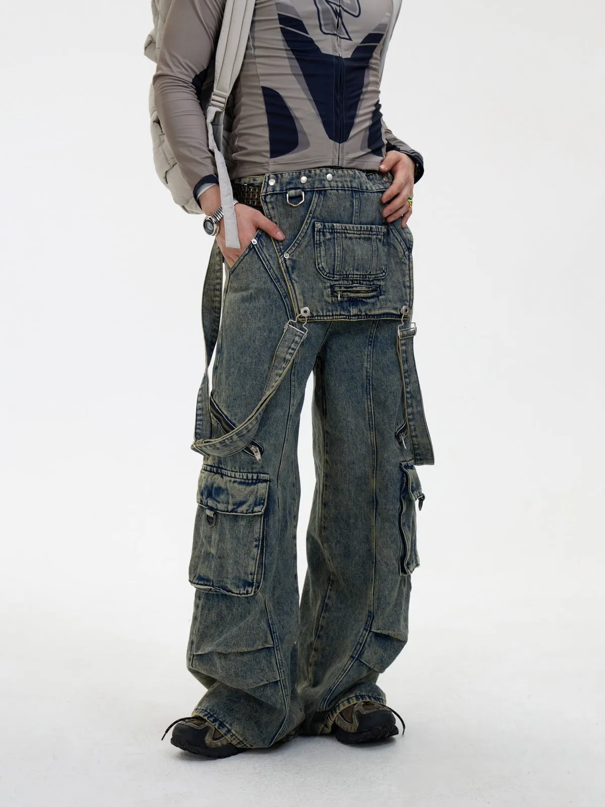 Multi-pocket cargo overalls pants