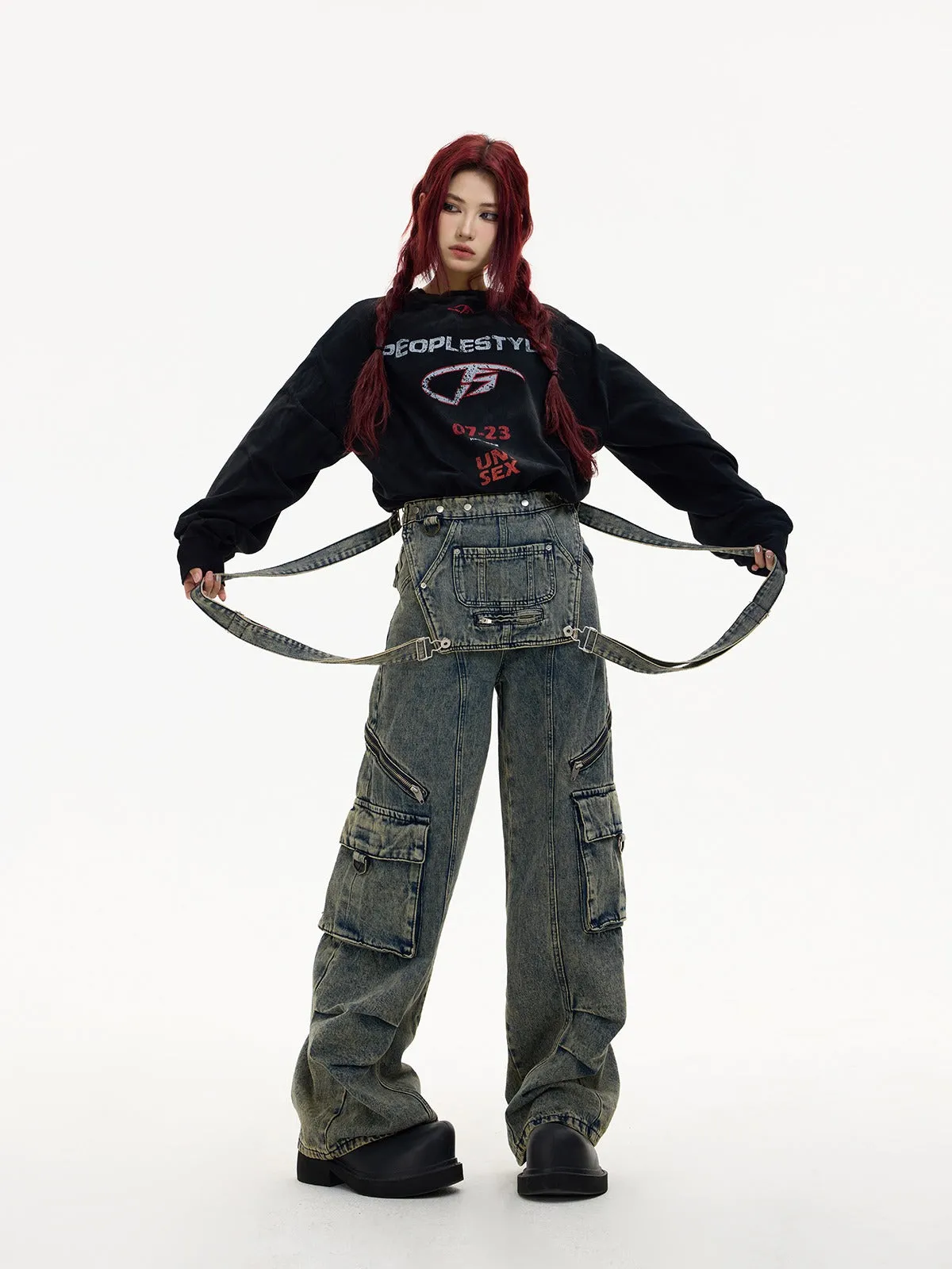 Multi-pocket cargo overalls pants