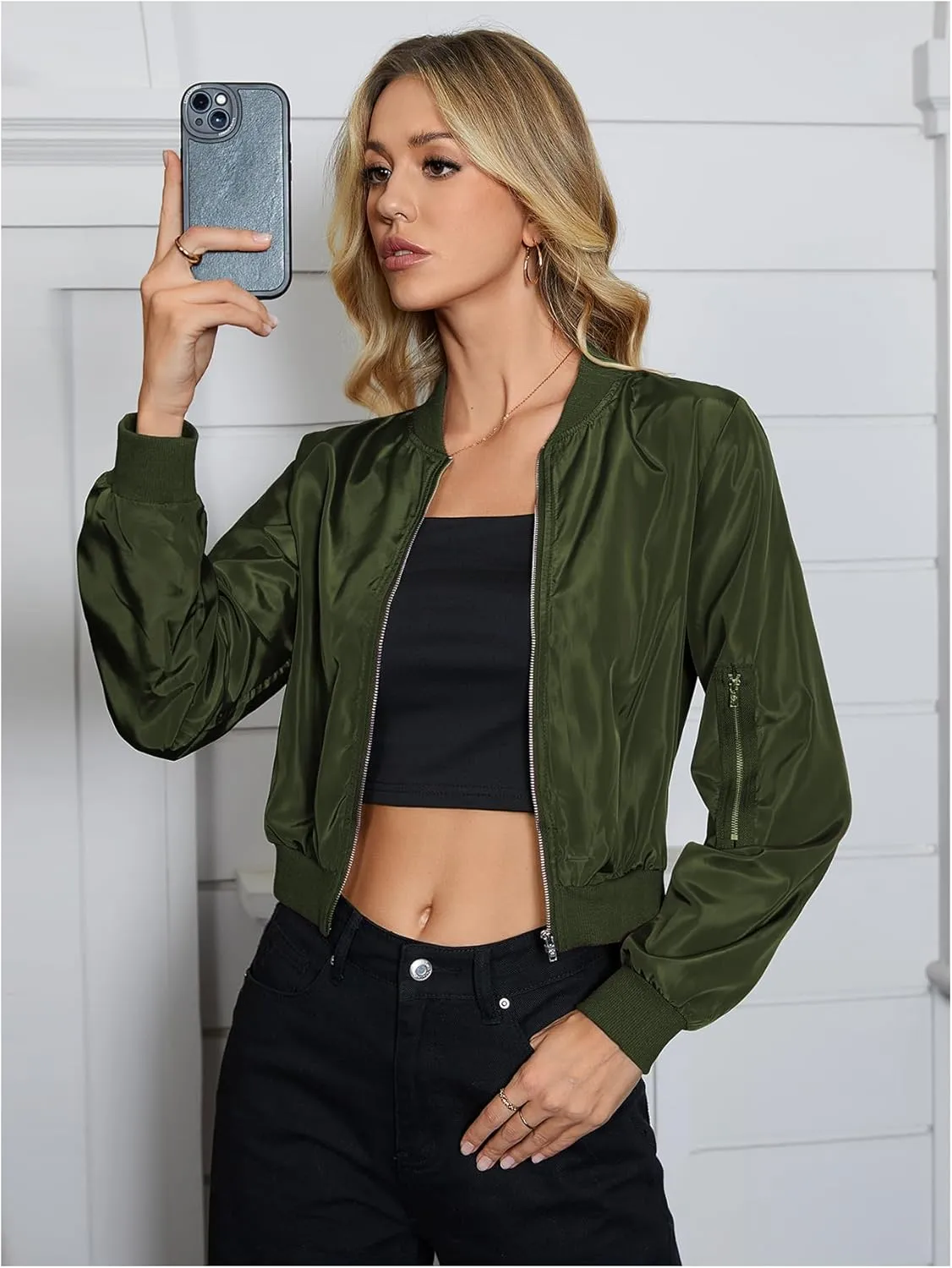 OYOANGLE Women's Lightweight Bomber Biker Jacket Zip up Windbreaker Crop Bomber Jacket Coat