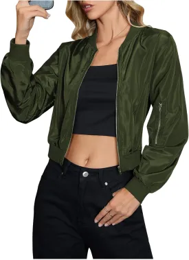 OYOANGLE Women's Lightweight Bomber Biker Jacket Zip up Windbreaker Crop Bomber Jacket Coat