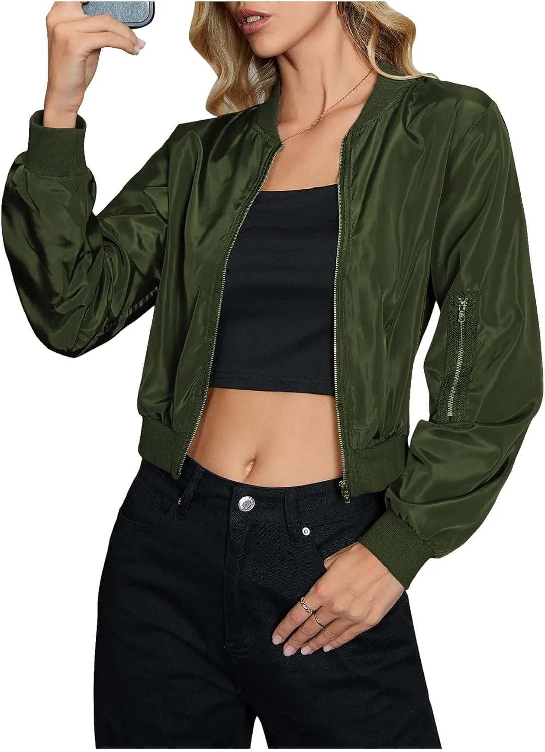 OYOANGLE Women's Lightweight Bomber Biker Jacket Zip up Windbreaker Crop Bomber Jacket Coat