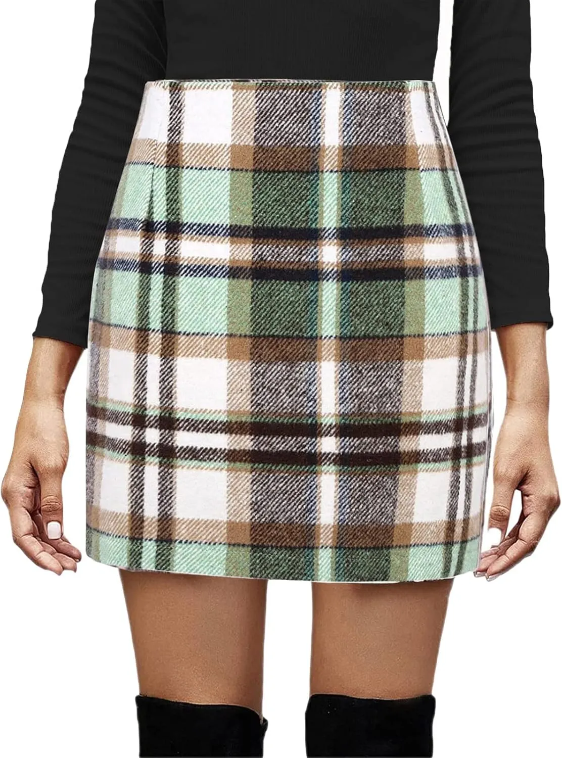 Plaid Mini Skirt for Women Fall Winter High Waist Bodycon Pencil Short Skirt Casual Wool Plaid A Line Mini Skirt