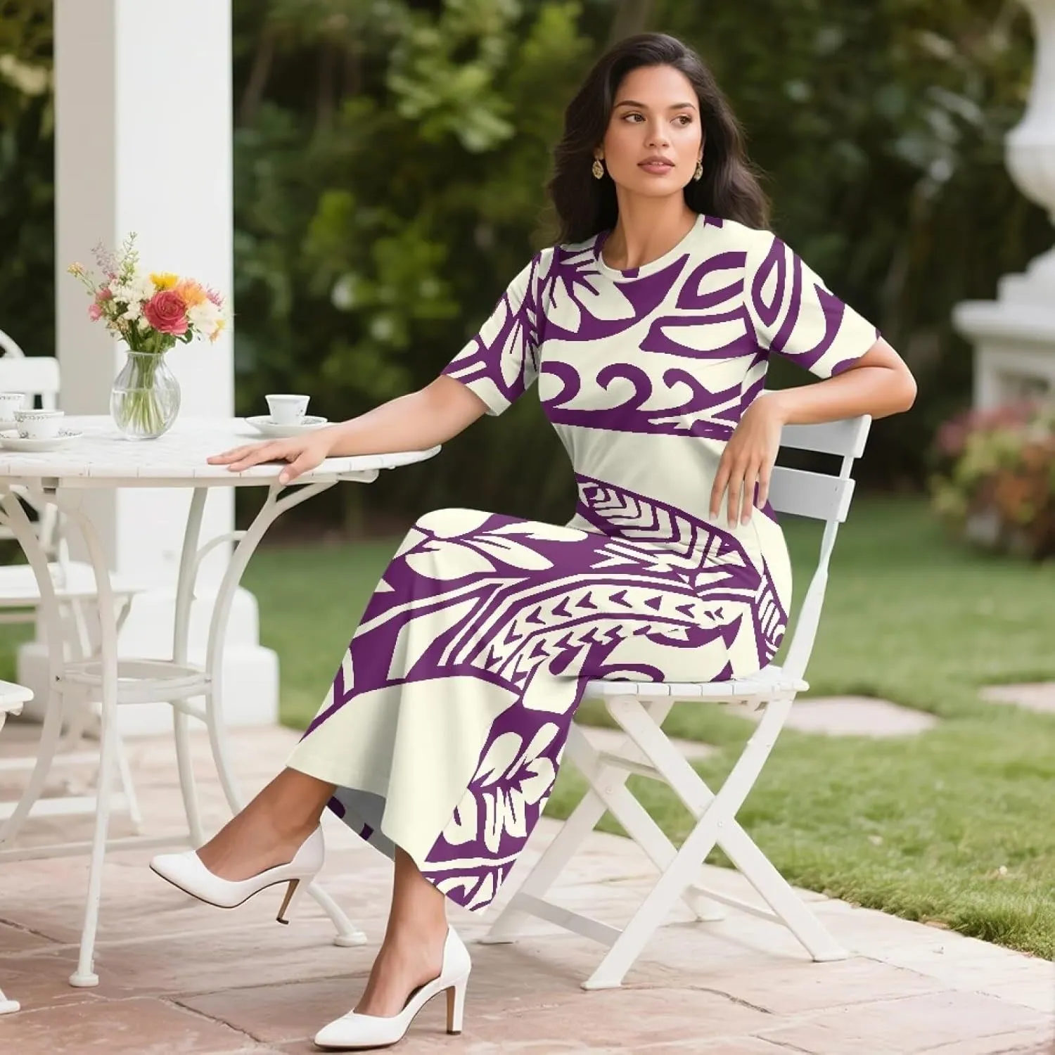 Polynesian Puletasi Samoa Womens Long Maxi Skirt Set 2 Piece Outfits Short Sleeve Top Elastic Waist Skirt Set