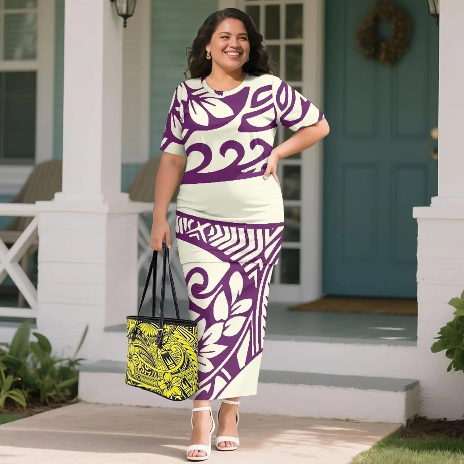 Polynesian Puletasi Samoa Womens Long Maxi Skirt Set 2 Piece Outfits Short Sleeve Top Elastic Waist Skirt Set