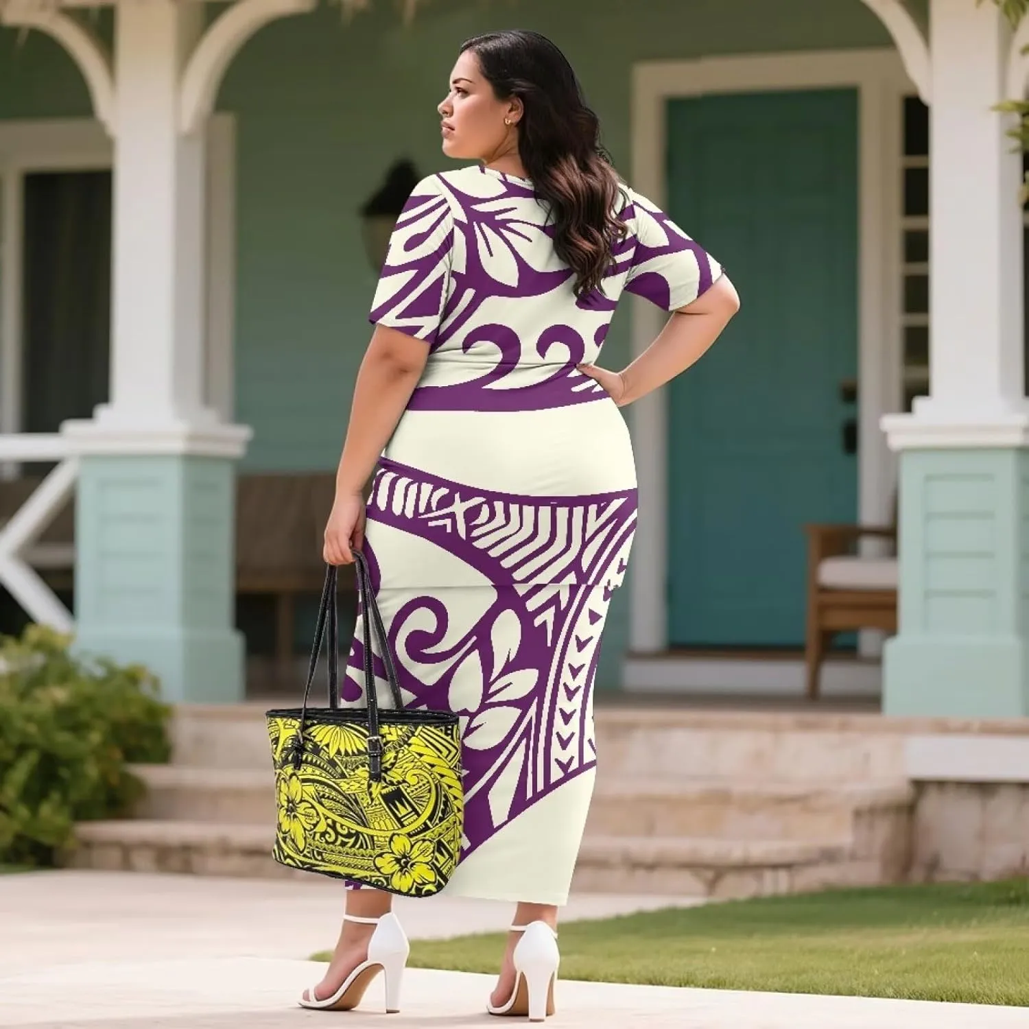 Polynesian Puletasi Samoa Womens Long Maxi Skirt Set 2 Piece Outfits Short Sleeve Top Elastic Waist Skirt Set
