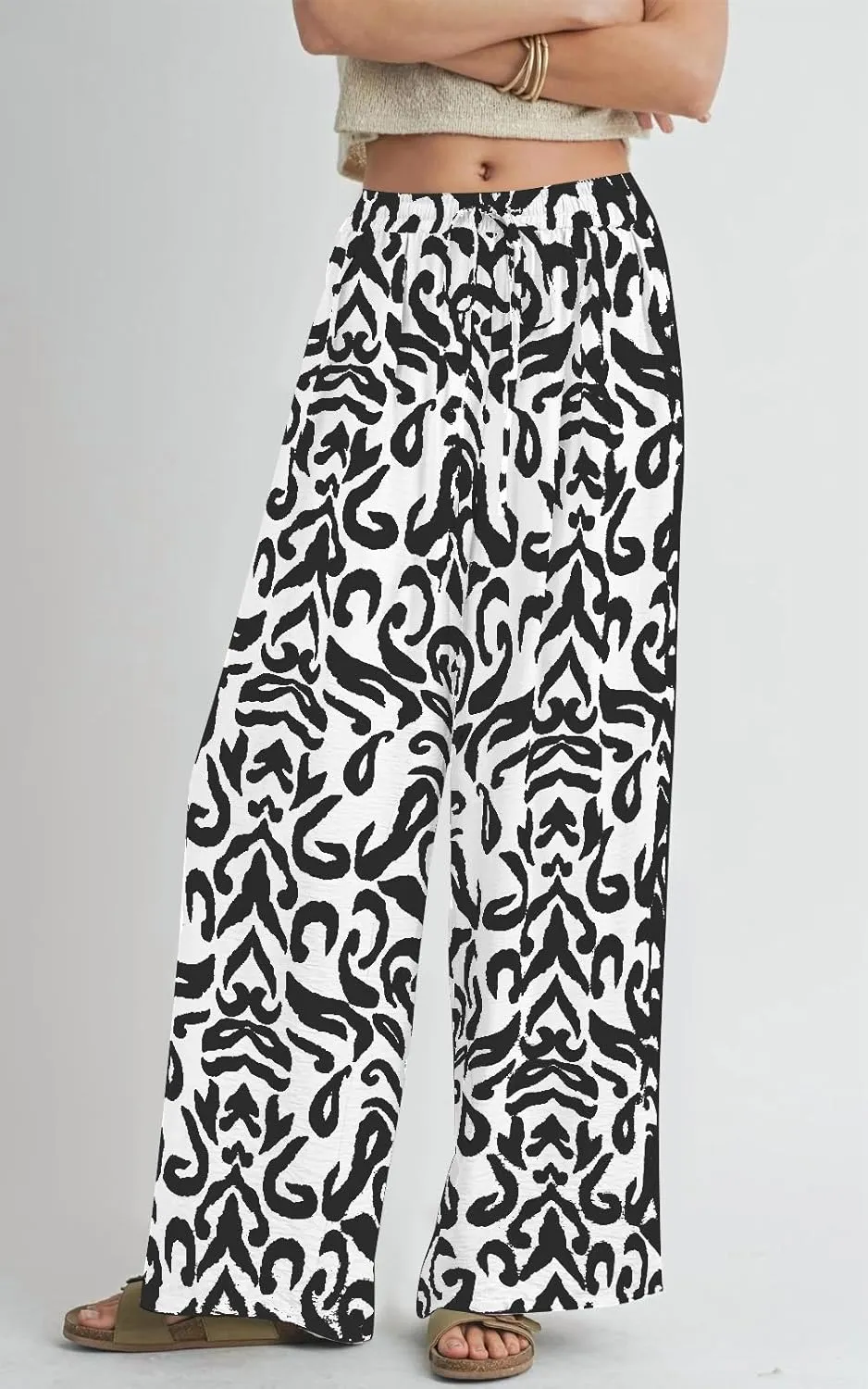 PRETTYGARDEN Womens Pants Elastic Waist Floral Lightweight Palazzo Pants for Women Casual Lounge Wide Leg Pants Woman