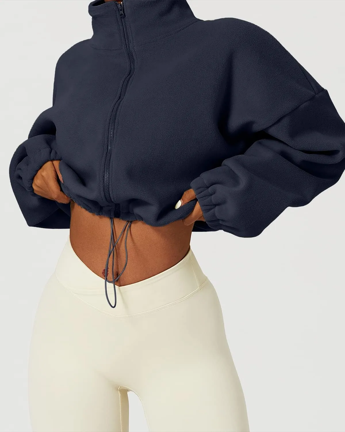 QINSEN Women's Full Zip Fleece Short Jacket Warm Winter Long Sleeve Stand Collar Sherpa Crop Coat