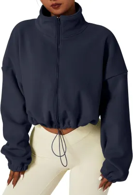 QINSEN Women's Full Zip Fleece Short Jacket Warm Winter Long Sleeve Stand Collar Sherpa Crop Coat