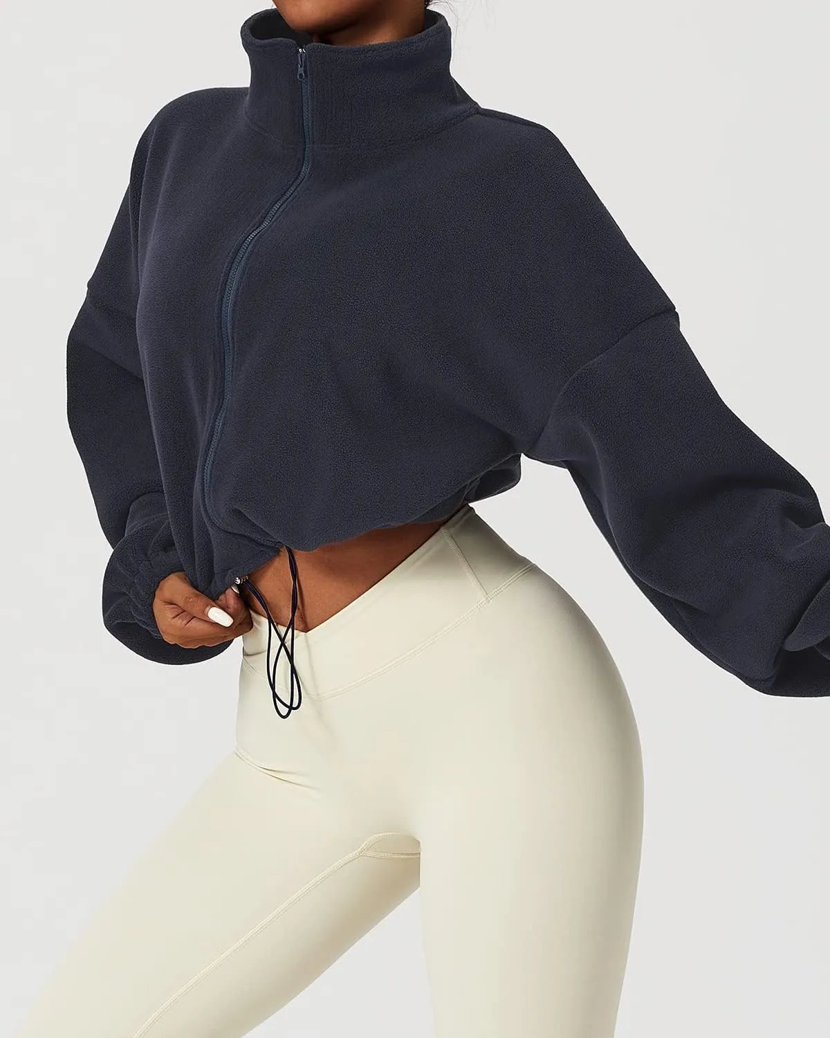 QINSEN Women's Full Zip Fleece Short Jacket Warm Winter Long Sleeve Stand Collar Sherpa Crop Coat
