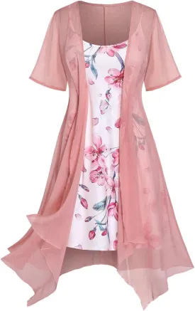 ROSE GAL Rosegal Plus Size Women Sundress Set Solid Sheer Blouse and Cottagecore Floral Cami Sun Dress