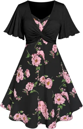 Rosegal Plus Size Women Floral Sundress Set Twisted Crop Top and Cottagecore Ruffles Floral Cami Dress