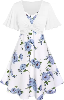Rosegal Plus Size Women Floral Sundress Set Twisted Crop Top and Cottagecore Ruffles Floral Cami Dress