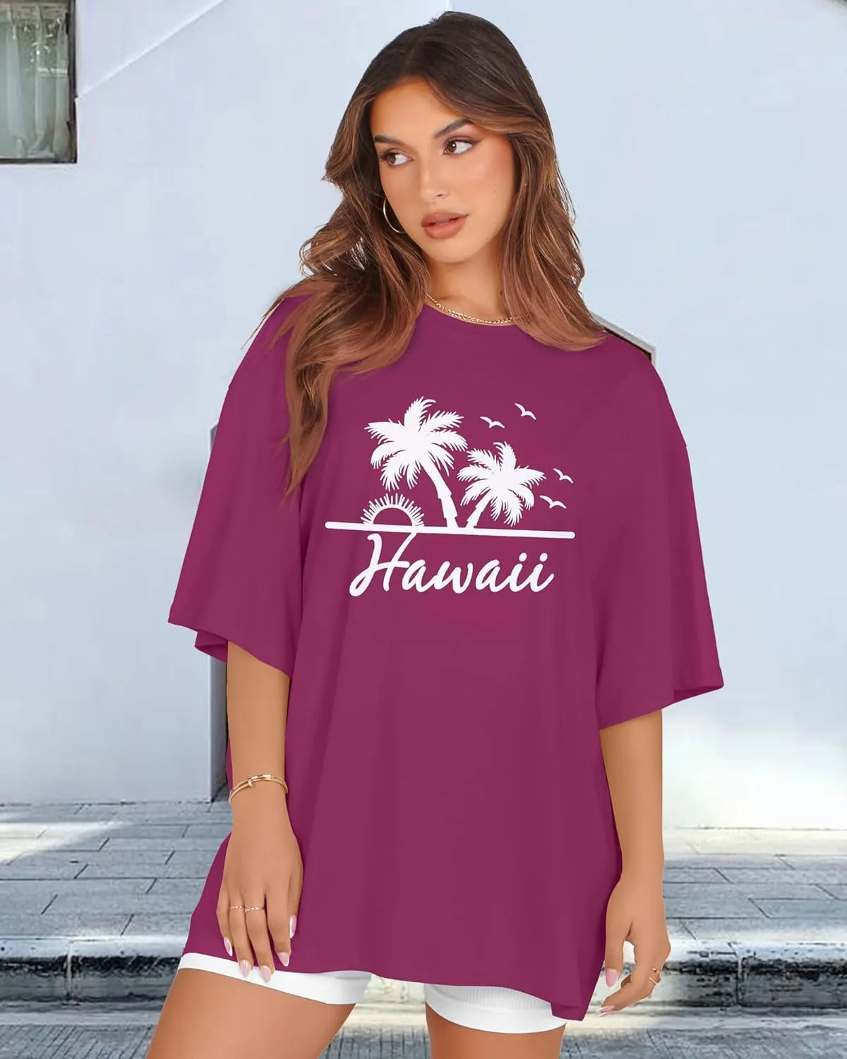 rosemia Oversized Tshirts for Women Summer Short Sleeve Round Neck Graphic Tee Shirt