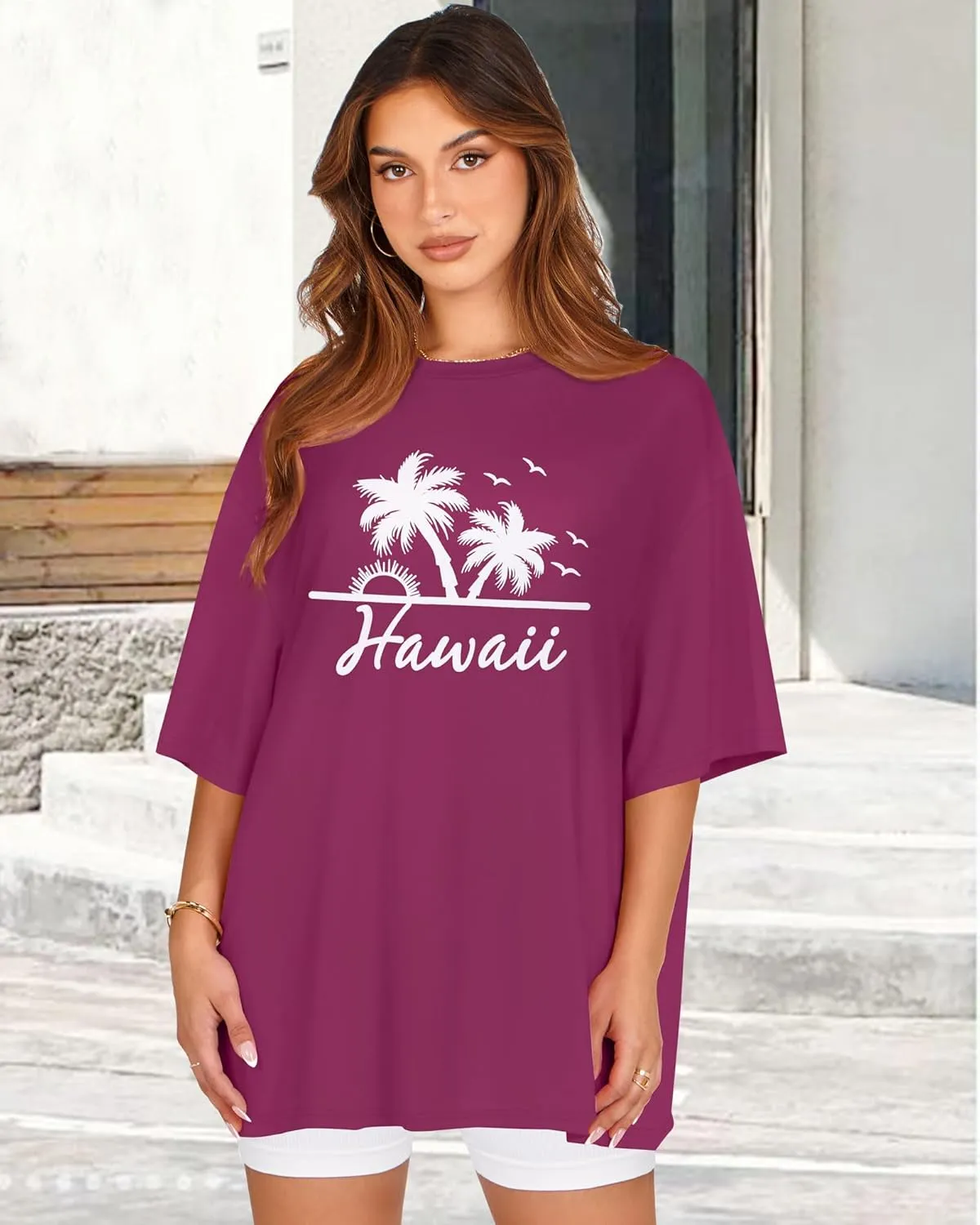 rosemia Oversized Tshirts for Women Summer Short Sleeve Round Neck Graphic Tee Shirt