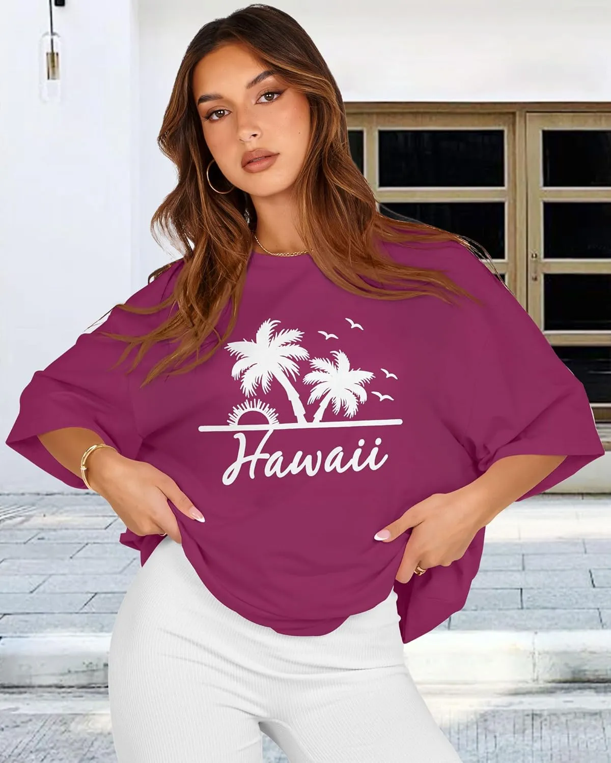 rosemia Oversized Tshirts for Women Summer Short Sleeve Round Neck Graphic Tee Shirt