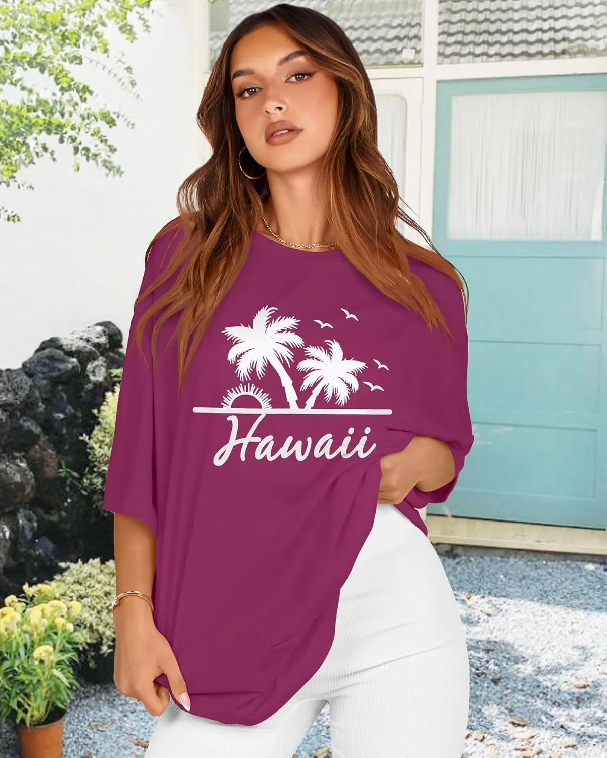 rosemia Oversized Tshirts for Women Summer Short Sleeve Round Neck Graphic Tee Shirt