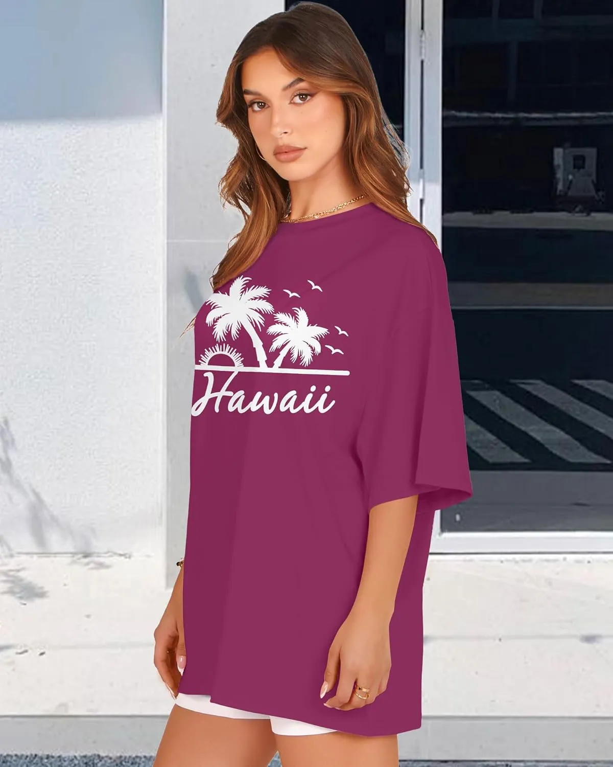 rosemia Oversized Tshirts for Women Summer Short Sleeve Round Neck Graphic Tee Shirt