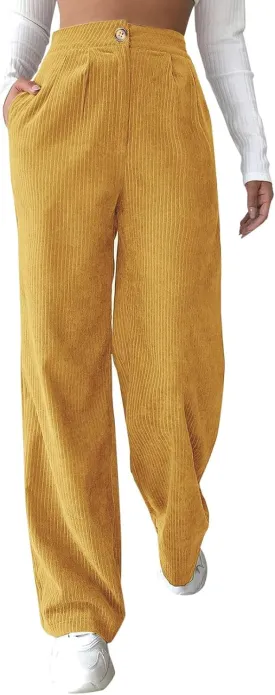 sdbrld Corduroy Pants for Women Vintage High Waisted Straight Wide Leg Pants Fall Winter Work Lounge Trousers with Pockets