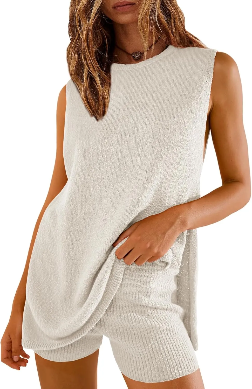 SENSERISE Womens Summer Sweater Sets 2 Piece Beach Vacation Outfits Top Shorts Ribbed Knit Lounge Sets