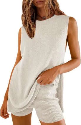 SENSERISE Womens Summer Sweater Sets 2 Piece Beach Vacation Outfits Top Shorts Ribbed Knit Lounge Sets
