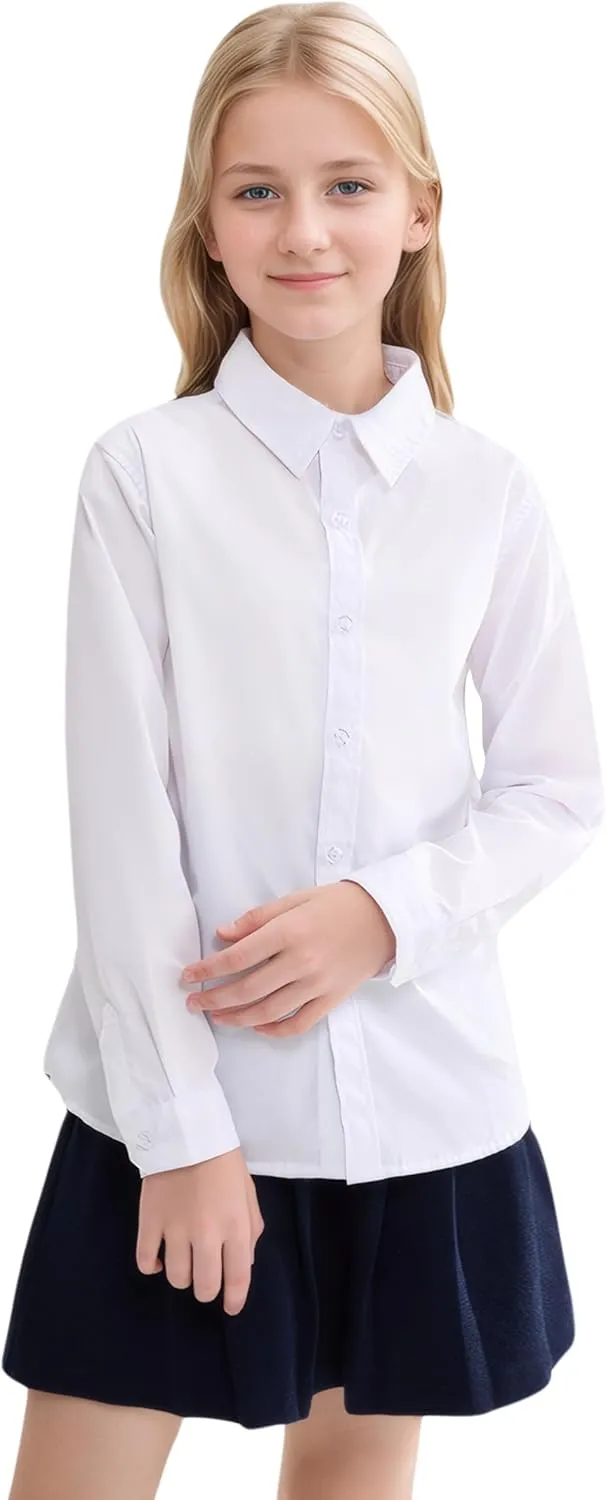 SOLOCOTE Girls White Dress Shirt Long Sleeve School Uniform Blouse Formal Button Down Top for Big Kids