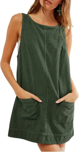 TBA Corduroy Overall Dress for Women Round Neck Skirtall Jumper A Line Mini Romper Pinafore with Pockets