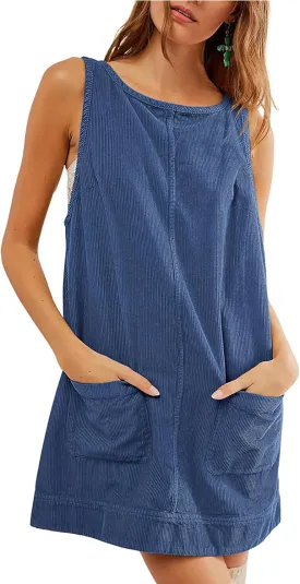 TBA Corduroy Overall Dress for Women Round Neck Skirtall Jumper A Line Mini Romper Pinafore with Pockets