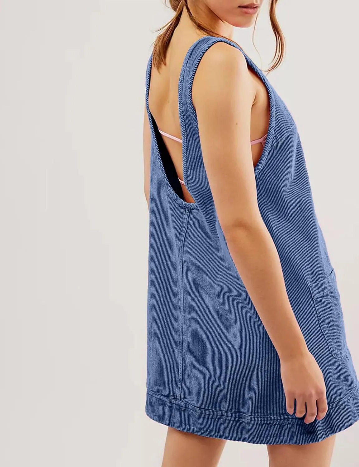 TBA Corduroy Overall Dress for Women Round Neck Skirtall Jumper A Line Mini Romper Pinafore with Pockets