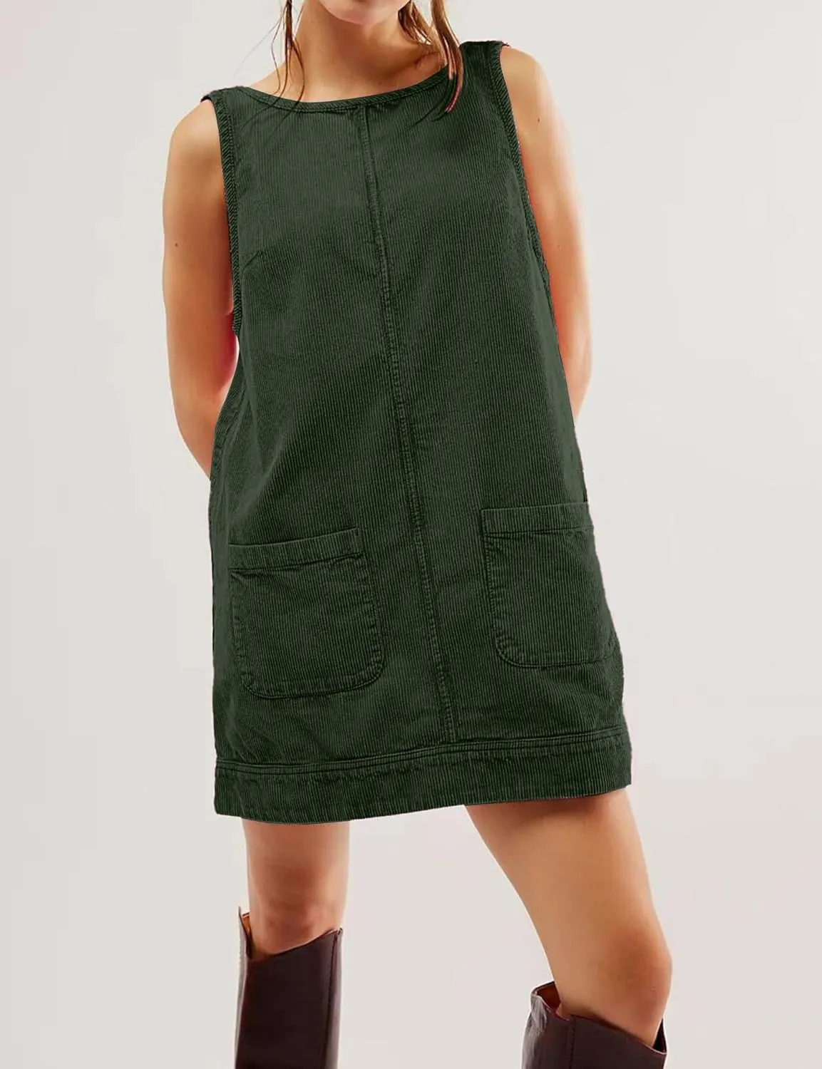 TBA Corduroy Overall Dress for Women Round Neck Skirtall Jumper A Line Mini Romper Pinafore with Pockets