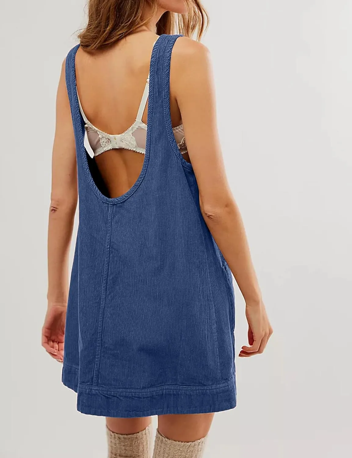 TBA Corduroy Overall Dress for Women Round Neck Skirtall Jumper A Line Mini Romper Pinafore with Pockets