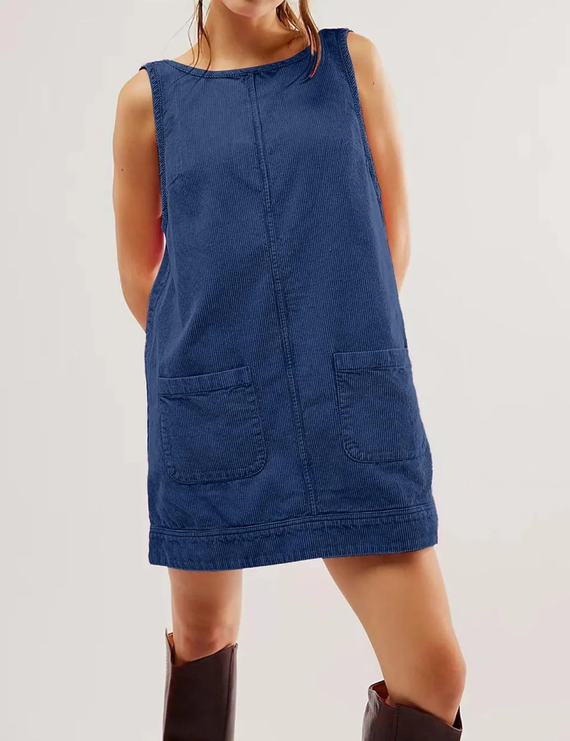 TBA Corduroy Overall Dress for Women Round Neck Skirtall Jumper A Line Mini Romper Pinafore with Pockets