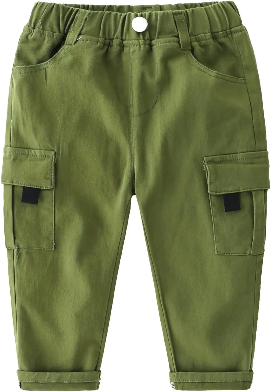 Toddler Baby Boys Twill Cargo Pants Pull-on Elastic Waist Baggy Joggers Solid School niform Hiking Pants